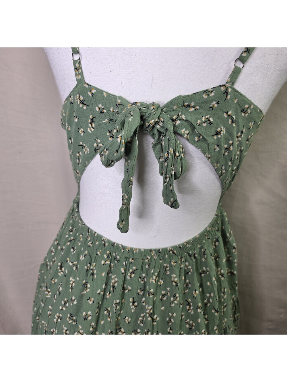 Angie Sage Green Ditsy Floral Ruched Tie Back Sundress Size L - Picture 5 of 7